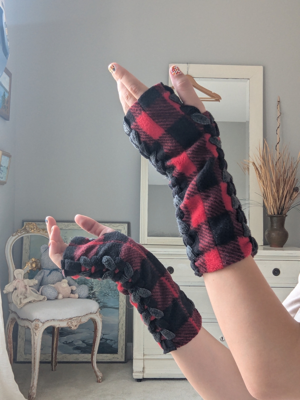 Fingerless Red and Black Plaid Alt Y2K Grunge Punk Cozy Flannel Arm Warmers